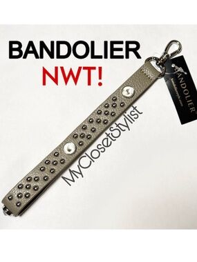 NWT Bandolier Studded Crystal Leather Wrist Hand Strap NEW! silver greige RARE!